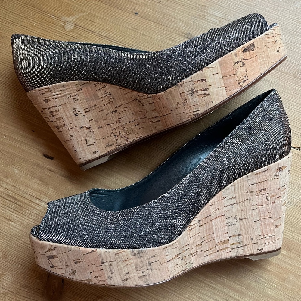 Stuart Weitzman Anna Corkswoon Glitter Wedge Heel Peep Toe Pumps